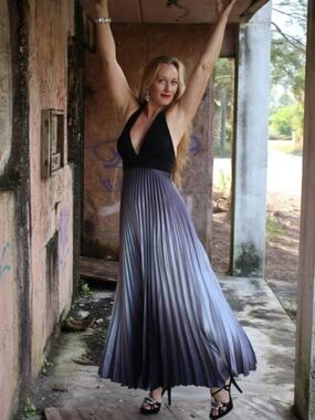 Vintage Dress - Black Halter Top w/ Gradient Pleated Maxi Bottom, Black to Gray
